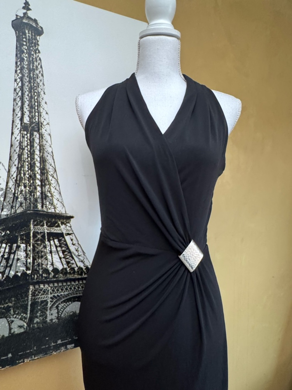 White House Black Market Black Halter Sheath Dress with Silver Buckle - Picture 3 of 5